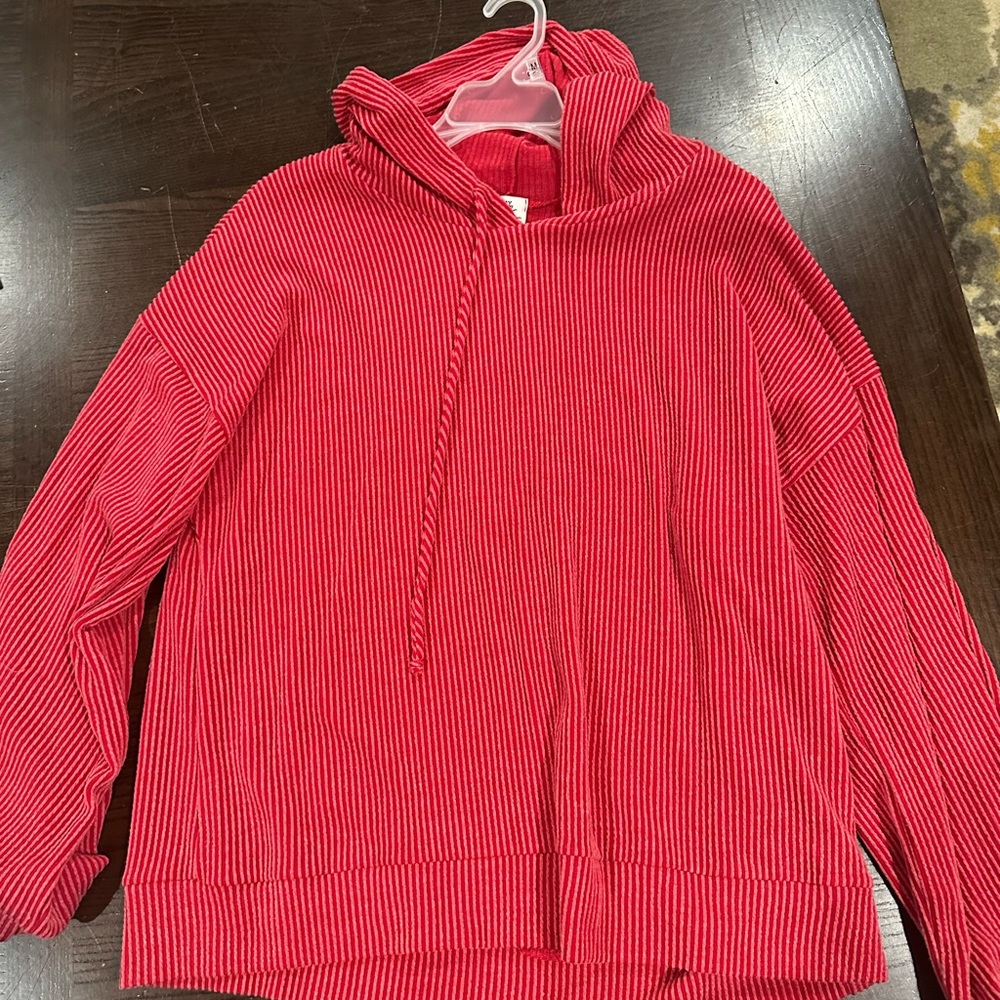 Bright red, ribbed, thin hoodie. Very soft. Size medium